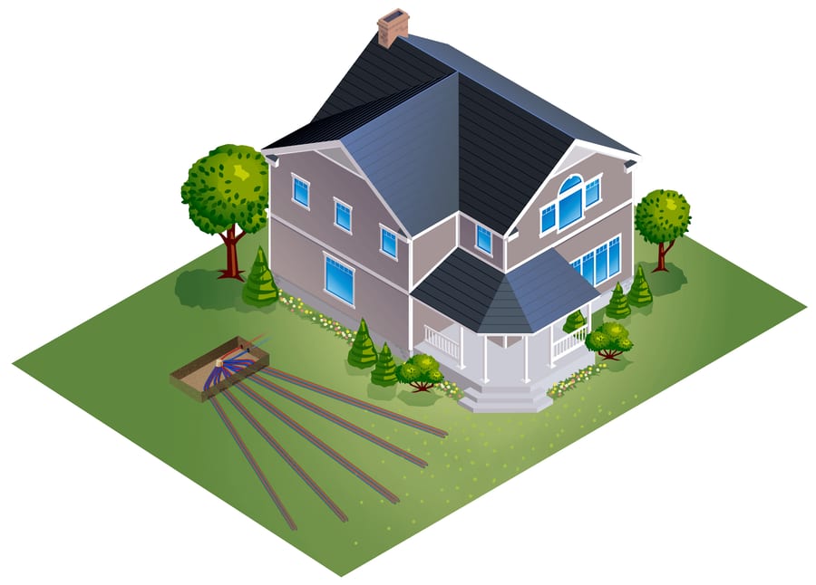 Drawing of a house with ground loops fanning out at an angle from one pit in the yard